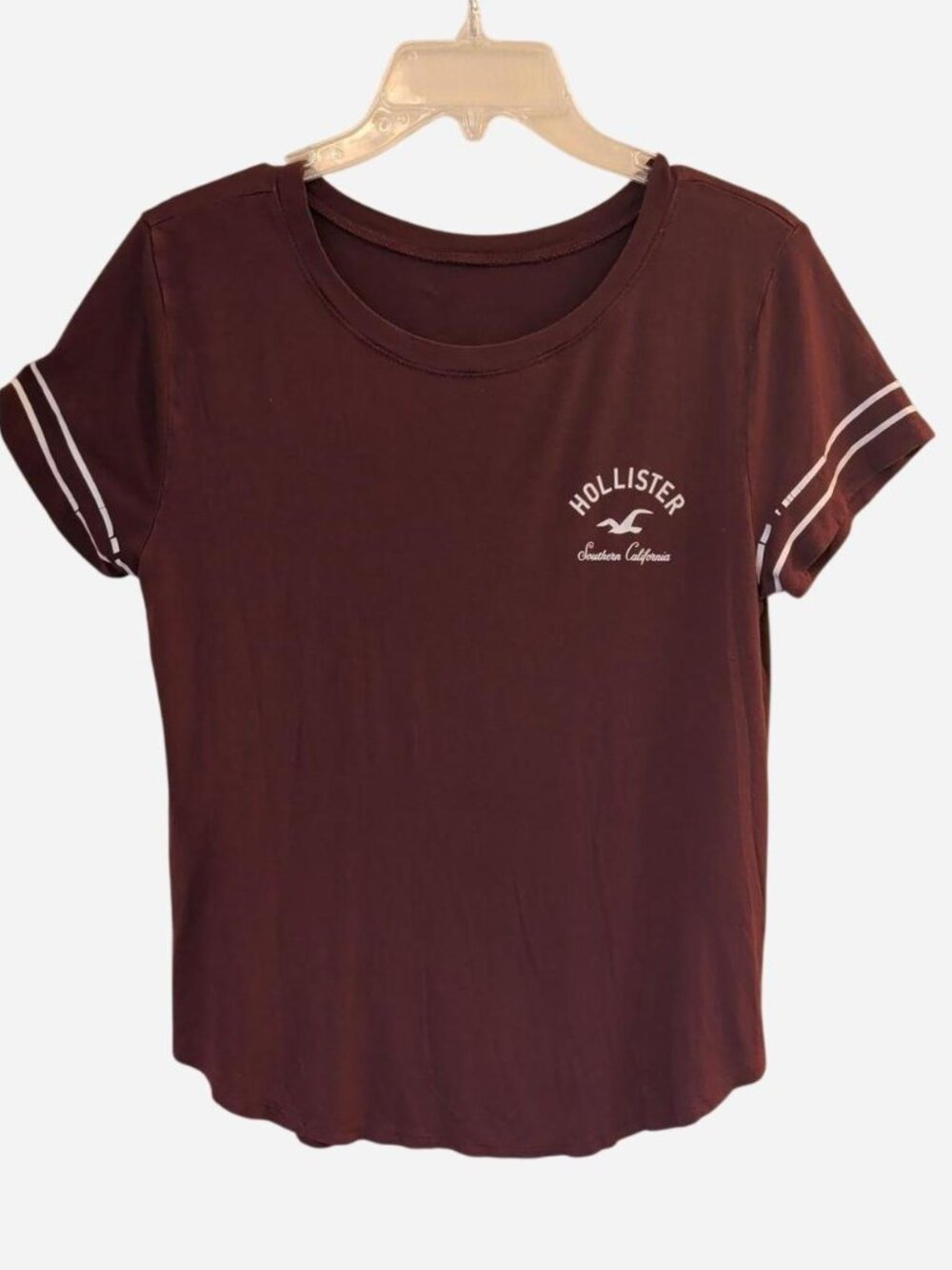 Hollister Women’s Burgundy Logo Tee White Striped Sleeves Size M